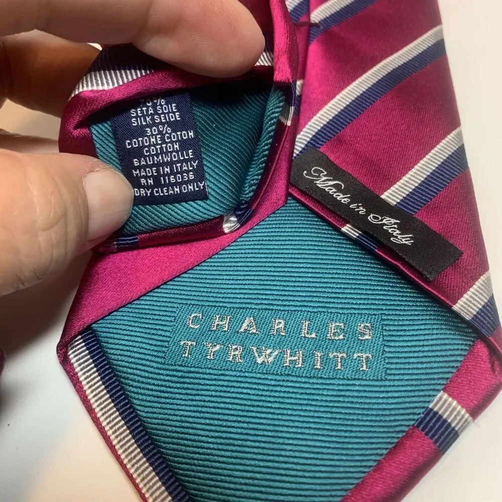 Charles Tyrwhitt Silk Cotton Tie Pink Striped Italy Designer 58”X3.25” Business